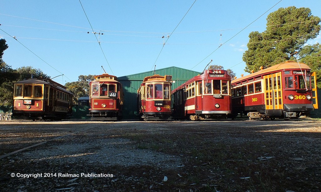 (SM 14-9-7254) Trams 1, 118, 192, 264 and 360 at St Kilda Tramway Museum (SA), September 2014