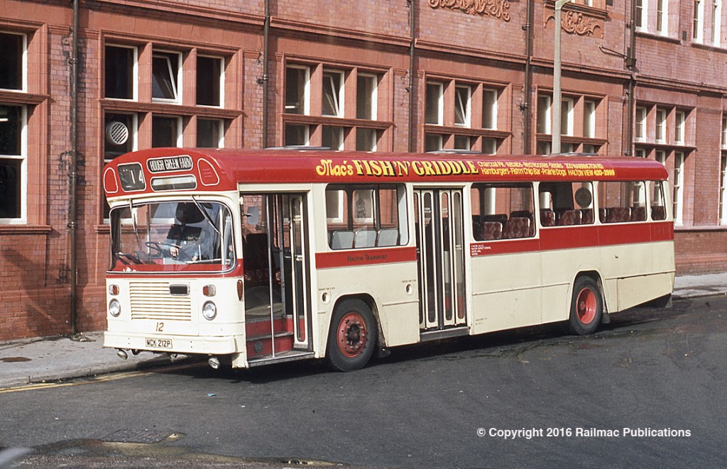 (SM 83-3166) Halton Transport fleet number 12, a Bristol with East Lancs body delivered in November 1975, at Widnes, 11th October 1983.