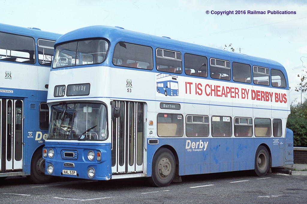 (SM 83-3179) Derby City Transport fleet number 53, a Daimler Fleetline with Alexander body delivered in 1976, at Derby, 14th October 1983.